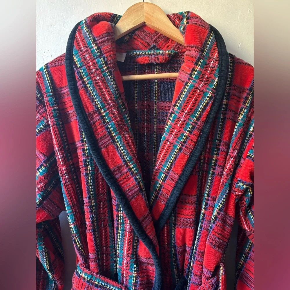 Vintage Red Plaid Terrycloth Robe with Belt